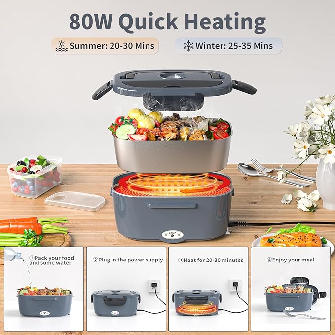 Vingud Electric Lunch Box for Adults, Heated Lunch Box Food Warmer, 80W Portable Heating Lunchbox for Men/Car/Truck with 1.5L Stainless Steel Container, 12V/24V/110V Lonchera El챕ctrica Port찼til Gift
