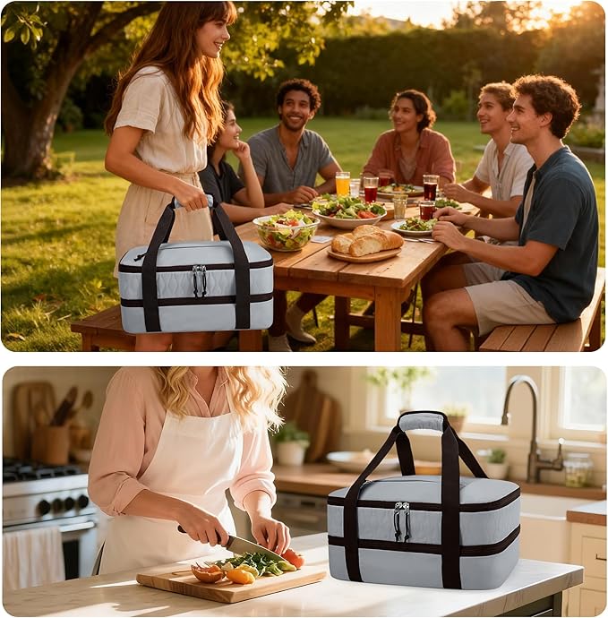 Trunab Insulated Casserole Carrier for Hot or Cold Food, Double Thermal Food Containers, Fit 9x13 Inches Baking Dish Foil Pans, For Picnic Cookouts, Potluck Parties, Beach,Beige (Grey)