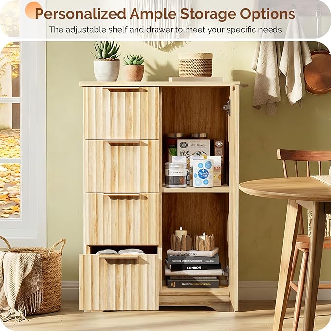VINGLI Fluted Sideboard Buffet Cabinet, Modern Wood Storage Console with Doors and Drawers, Multi-Function Storage Cabinet for Living Room, Dining Room, Kitchen,Oak