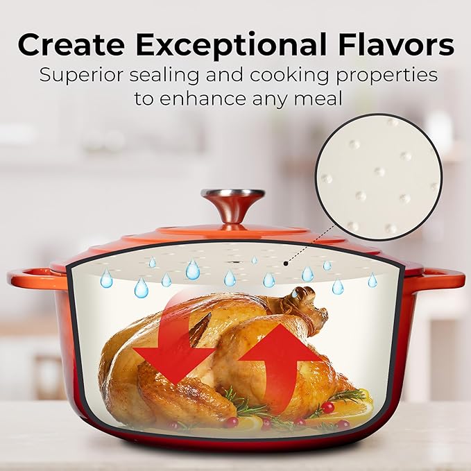Zulay Kitchen 7.7 Quart Enameled Cast Iron Dutch Oven Pot with Lid ??Premium Durability & Oven Safe up to 500째F ??Heavy Duty Cookware Perfect for Bread Baking, Stews, Braising & Roasting ??Orange