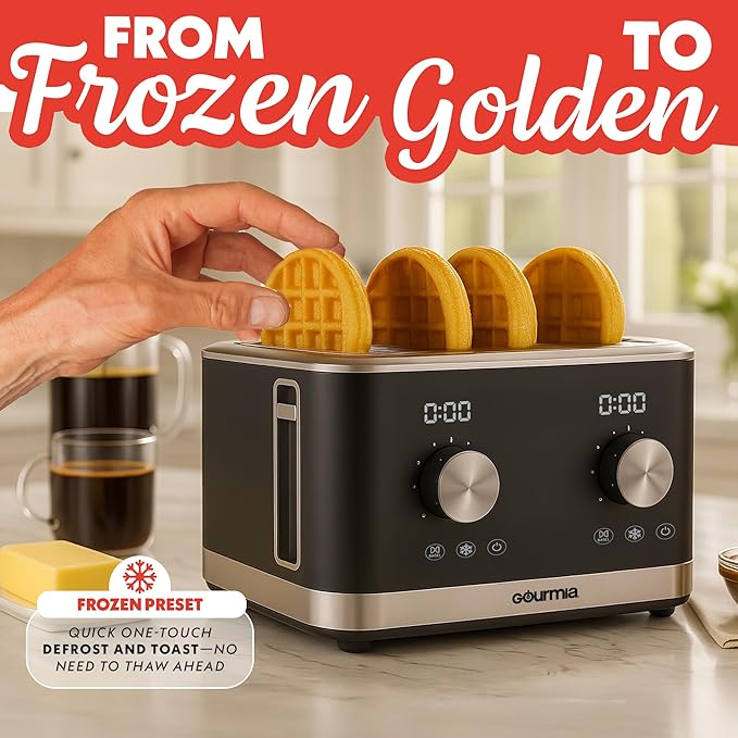 Gourmia 4 Slice Toaster, Double-Sided ??Dual Independent Controls, Bagel, Defrost & Reheat Mode, 6 Browning Levels, Extra Wide Slots, Removable Crumb Tray, Compact Design, Black