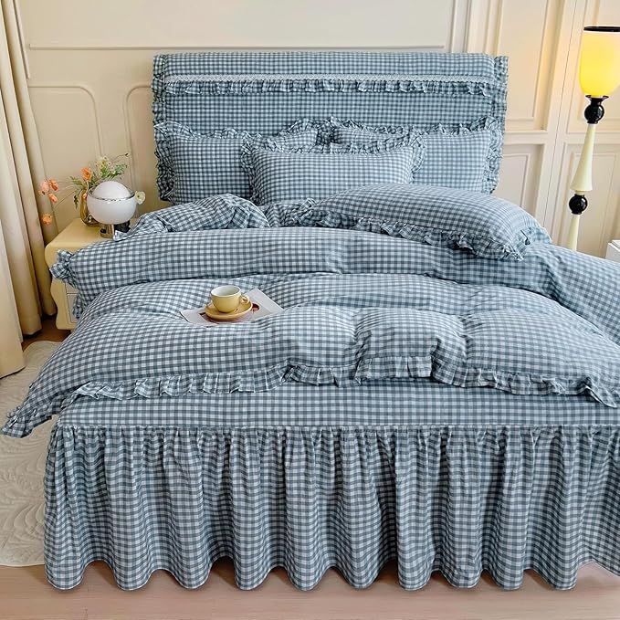 LifeTB Blue Gingham Comforter Set Full Size Ruffle Plaid Grid Bed Comforter Set with 2 Pillowcases Lightweight Gingham Bedding Set Soft Fluffy Farmhouse Plaid Checkered Pattern Comforter Full Size