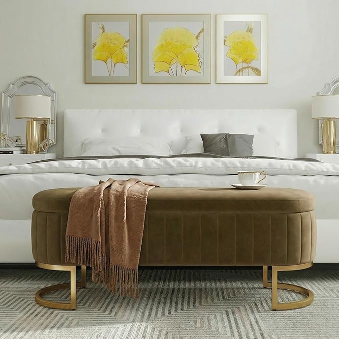 VIROL 51 Inch Storage Ottoman Bench Velvet End of Bed Storage Bench King Size Upholstered Tufted Bench Large Space for Bedroom Living Room Entryway Coffee