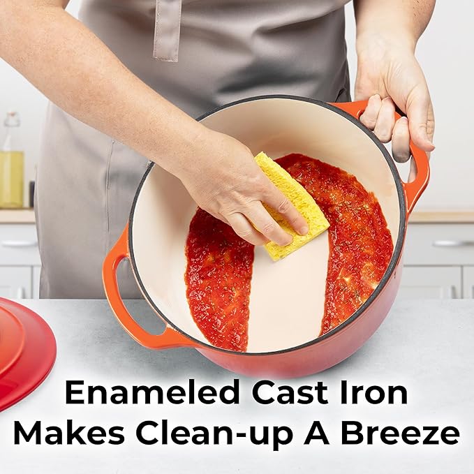 Zulay Kitchen 7.7 Quart Enameled Cast Iron Dutch Oven Pot with Lid ??Premium Durability & Oven Safe up to 500째F ??Heavy Duty Cookware Perfect for Bread Baking, Stews, Braising & Roasting ??Orange