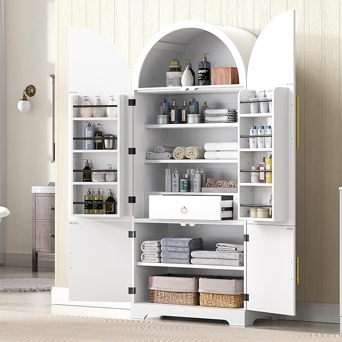 72" Tall Arched Kitchen Pantry Cabinet, Fluted Storage Cabinets with Hidden Drawer and 3 Adjustable Shelves, Cupboard with Door Shelves for Kitchen, Dining and Bathroom, White