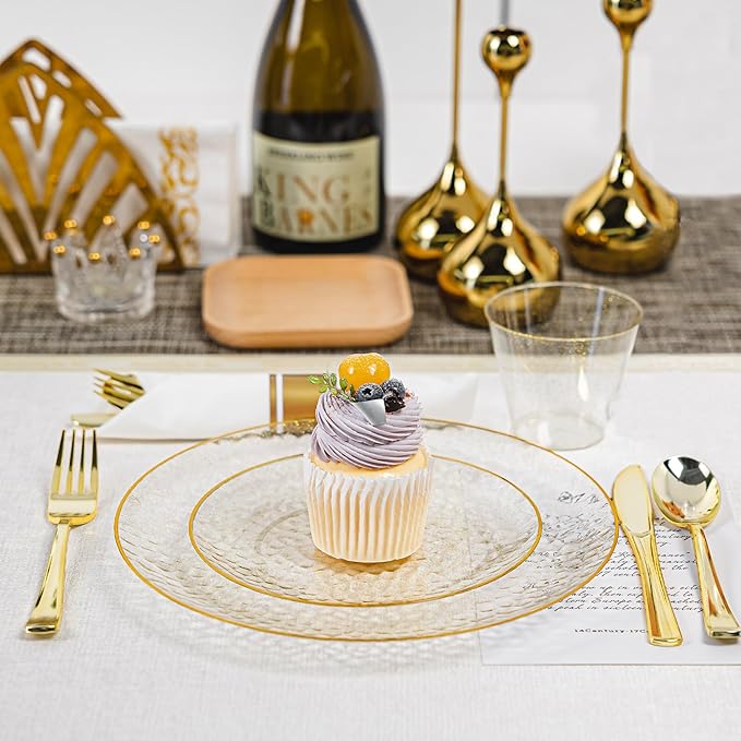 HOMIP 175 Pcs Plastic Dinnerware Set (25 Guests), Clear Party Plates Include 25 Dinner Plate, 25 Dessert Plate, 25 Cups, 25 Gold Cutlery Set And Pefect for Party and Wedding