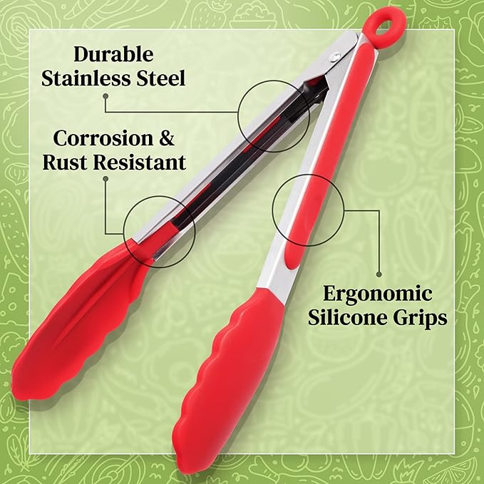Popco 3-Piece Kitchen Tongs Set ??Stainless Steel Heat Resistant Silicone Tips, Strong Comfort Grip, 3 Sizes (7, 9, 12 Inch), Non-Scratch, Dishwasher Safe, for Cooking, BBQ, Salad