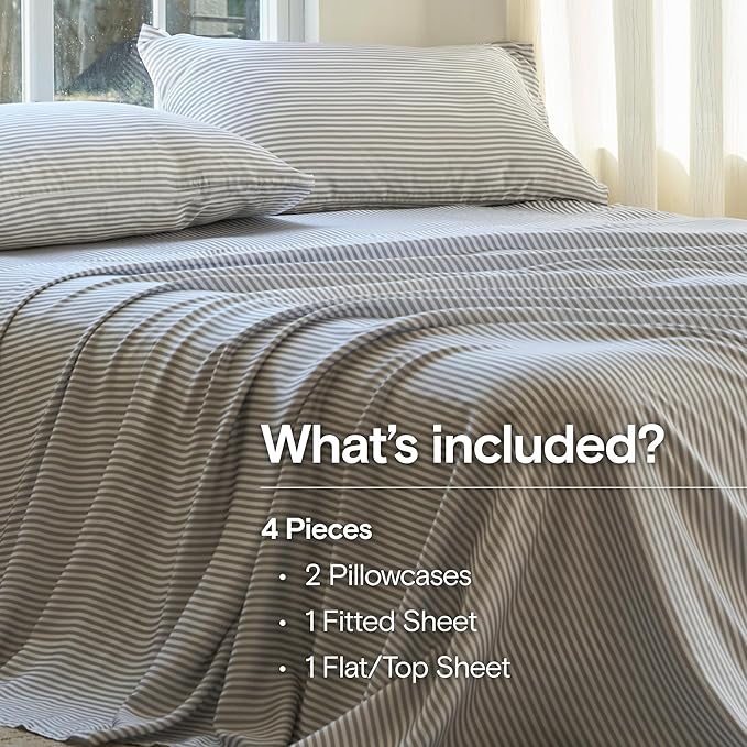 DOZ Sheet Set, 100% Viscose derived from Bamboo, Organically Grown, Buttery Soft, Cooling Sheets, High GSM, Deep Pockets - 4 Piece - 2 Pillowcases 1 Fitted 1 Top Sheet (Stripe, Queen)