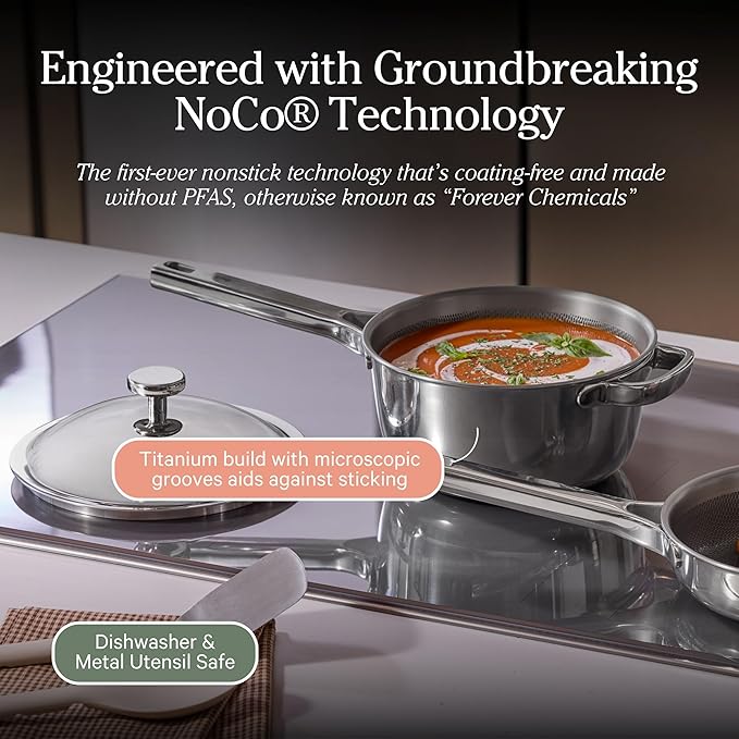 Our Place Mini Titanium Perfect Pot Pro | 2.75 Qt Cooking Pot with Lid & Silicone Spoon | PFAS-Free Nonstick, Fully-Clad Tri-Ply Stainless Steel & Aluminum | Induction & Oven-Safe to 1000째F | Chrome