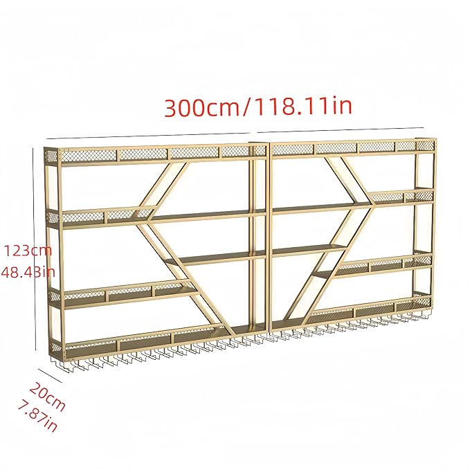 Modern Wall Mounted Wine Rack w/LED Light, Metal Wall Bar Shelves Wall Mounted w/Glass Holder, Large Liquor Shelf for Liquor Bottles for Home Bar & Dining Room(Gold-Yellow Led, 4 Tier-118in)