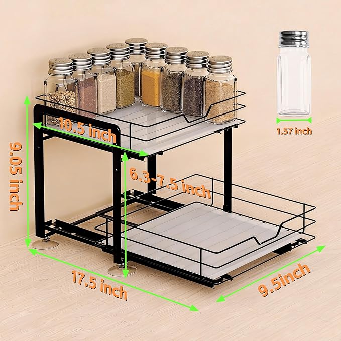 Spice Rack Organizer for Kitchen, Pull Out Spice Racks for Inside Cabinets, 2 Tier Spice Shelf Organization for Cabinet Seasoning, No Drilling Install for Home Kitchen Space Saving, 1 Pack
