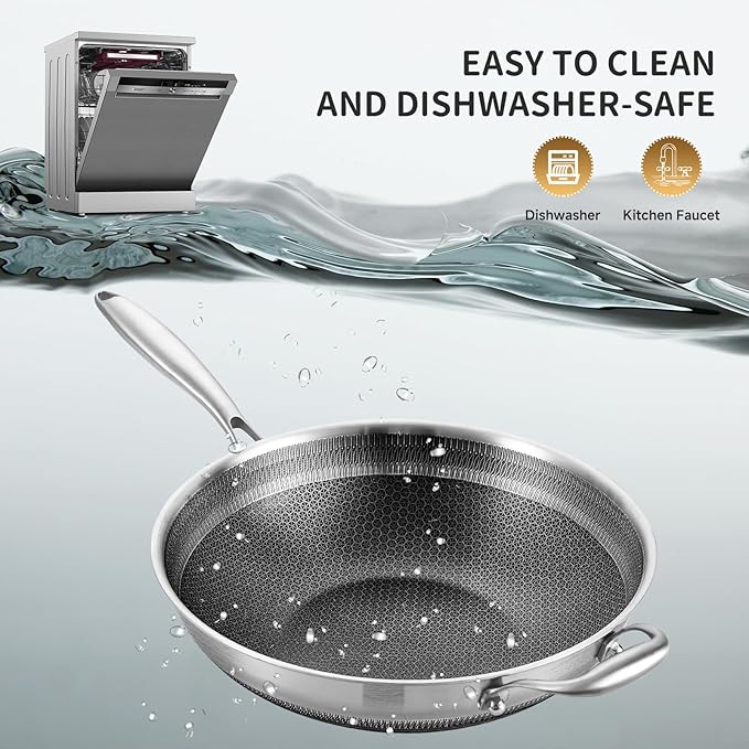 LOLYKITCH 13-inch Nonstick Wok & Stir-fry Pan with Lid, Induction Compatible, Tri-ply Stainless Steel Ceramic Coating Cookware, Perfect for Stir-frying, Saut챕, and Simmering, Dishwasher and Oven Safe