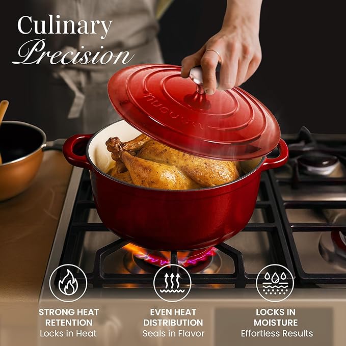 Nuovva Enamelled Cast Iron Dutch Oven Pot with Lid ??6.4 Quart Non Stick Casserole Pot ??Heavy Duty & Oven Safe up to 500째 F for Bread Baking, Braising, Stews, Roasting ??28cm Red