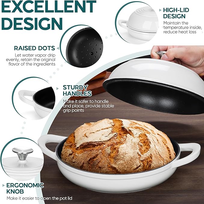 E-far Dutch Oven for Sourdough Bread Baking, 6 Qt Round Enameled Cast Iron Dutch Oven for Homemade Artisan Bread, Dome Lid & Shallow Base, Matte Black Interior & Durable, Oven-Safe to 500?? White