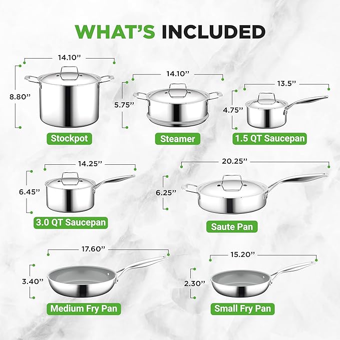 NutriChef 12-Piece Professional Stainless Steel Cookware Set ??Tri-Ply Pots, Ceramic Non-Stick Fry Pans, Induction Compatible, Strong Riveted Handles, Dishwasher Safe