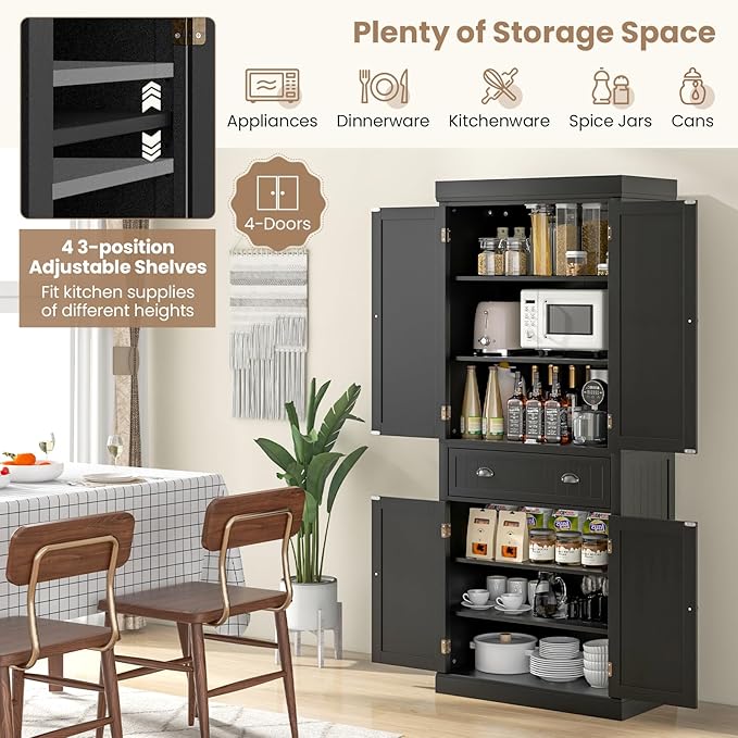 DORTALA 72??Tall Kitchen Pantry Cabinet, Wood Storage Cupboard w/ 4 Adjustable Shelves, 2 Cabinets & Drawer, Utility Freestanding Storage Cabinet for Kitchen, Hallway, Living Room, Black