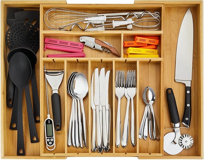 Night Tree 2.5??Extra Deep Silverware Drawer Organizer with Adjustable Dividers ??Expandable Bamboo Flatware Tray for Kitchen, Reinforced Wood Cutlery Holder (14"-21.6" Wide)