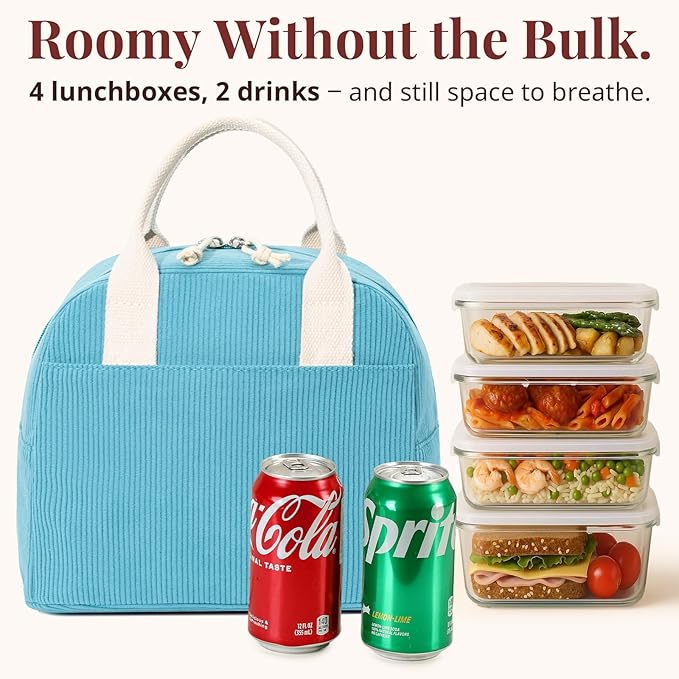 LOVELYWIND Insulated Lunch Bag for Women Men, Stylish Corduroy Tote Bag with Aluminum Lining, Large Capacity Reusable Cooler for Work, Travel, or Beach, Lake Blue Lunch Box