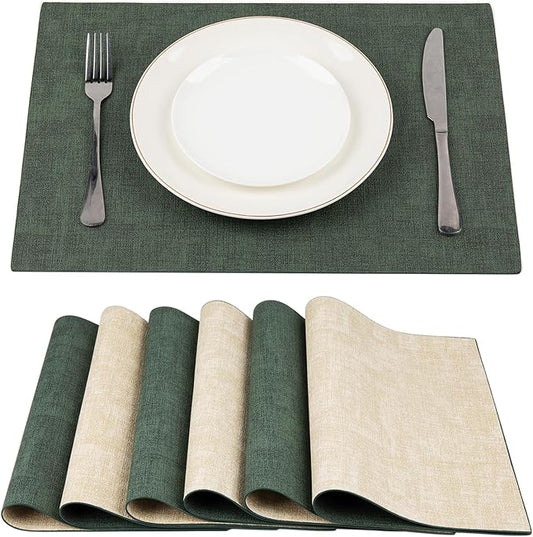 SUEH DESIGN Leather Placemats Set of 6 Reversible Table Mats Heat Resistant Waterproof No-Slip Place Mats for Dining Table Kitchen Parties, Dark Green and Beige