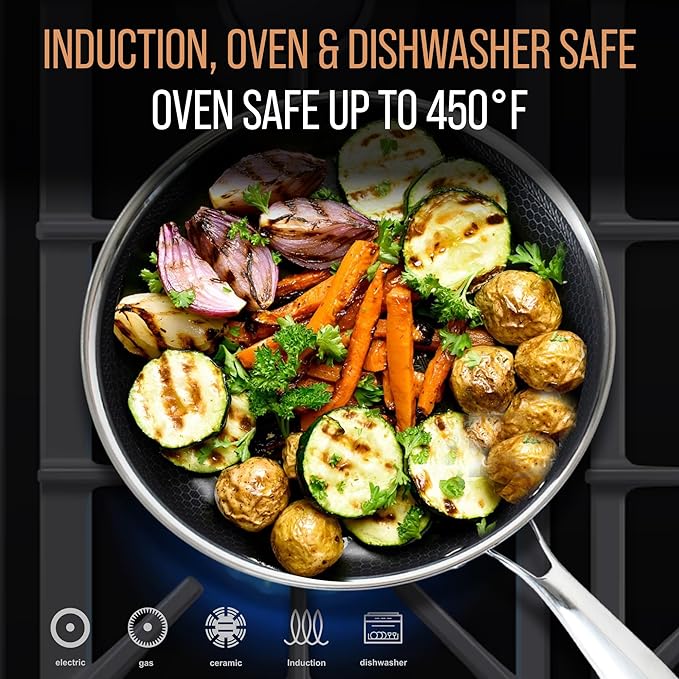 Nonstick Stainless Steel Pan Set ??11??Wok with Lid + 10??Frying Pan with Lid, Tri-Ply Honeycomb Hybrid Pans, Premium Kitchen Bundle