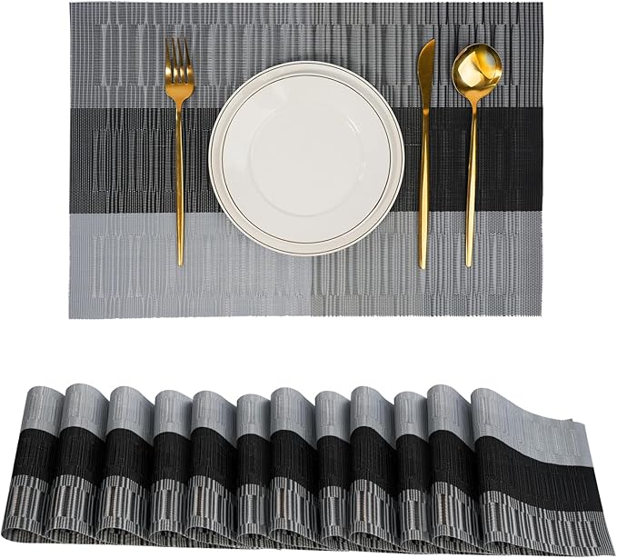 flohar Placemats Set of 12竊똍on-Slip PVC Weave Table Mats Easy to Clean竊똇eat Resistant Place Mats for Kitchen Dining Table Decoration Indoor Outdoor竊똁lack Gray