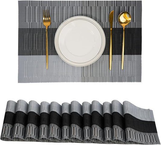 flohar Placemats Set of 12竊똍on-Slip PVC Weave Table Mats Easy to Clean竊똇eat Resistant Place Mats for Kitchen Dining Table Decoration Indoor Outdoor竊똁lack Gray