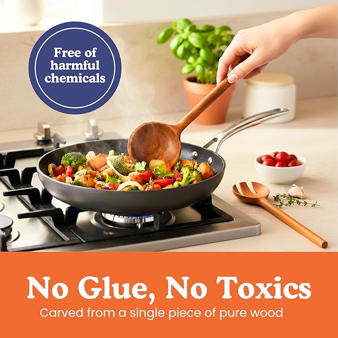 Non-Toxic Wooden Spoons for Cooking??7-Piece Kitchen Utensils Set, Glue-Free & One-Piece Cooking Utensils, Natural Wooden Utensil Set with Plant-Based Finish, Free of Forever Chemicals