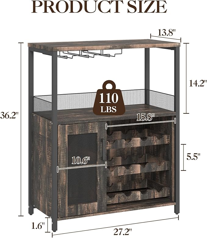 Vintage Industrial Wine Bar Cabinet with Adjustable Wine Racks and Glass Holders, Mesh Door Sideboard Storage Cabinet for Living Room, Kitchen, Dining Room, Compact Design, Easy Assembly,Burnt Color