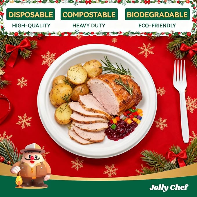 JOLLY CHEF Compostable Heavy Duty Plates 9 Inch [300 Pack] Eco-Friendly Disposable White Paper Plates Bagasse Biodegradable Sugarcane Bulk for Party Dinner Lunch Hot Cold Foods Christmas