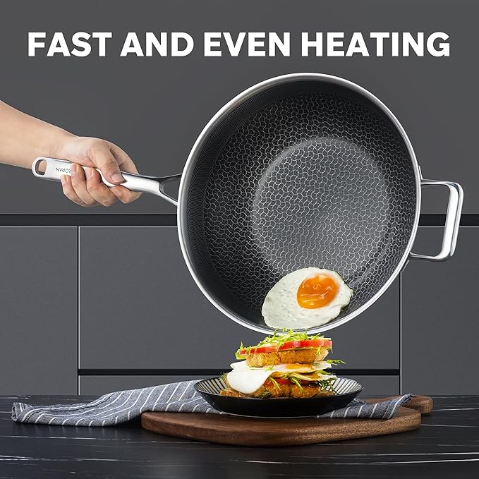 Hybrid 12-Inch Wok with Lid,Nonstick Stainless Steel Woks & Stir-fry pans,Wok Pan,PFAS PFOA PTFE Free,Dishwasher-Friendly,Oven-Safe Up to 600째F,Compatible with All Cooktops