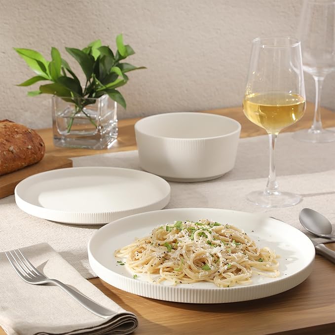 Gibson Home Dempsey Road 12-Piece Stoneware Dinnerware Set ??Service for 4, Round White Plates and Bowls, Durable Solid Color Modern Embossed Dish Set, Microwave & Dishwasher Safe