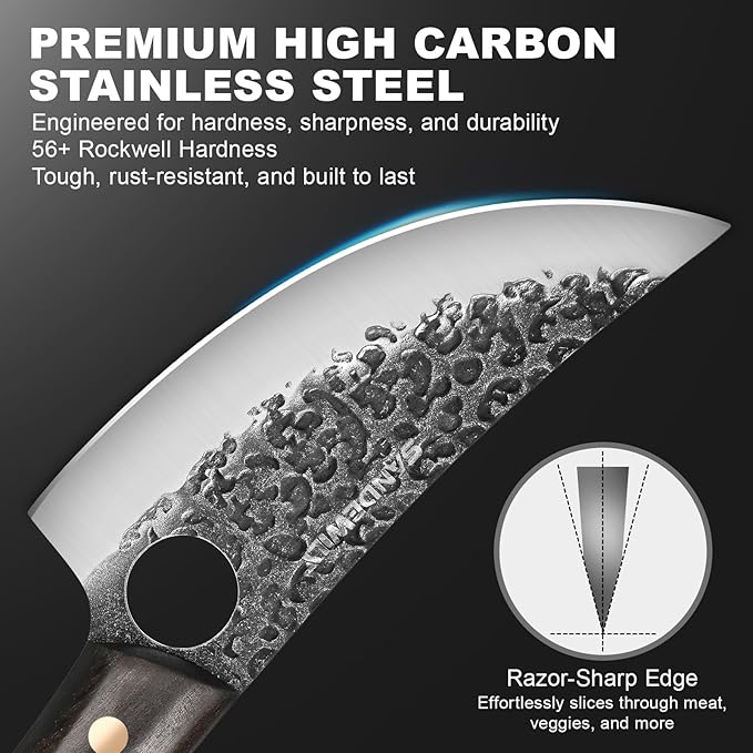 Hand Forged Butcher Knife Set, 7" Meat Cleaver + 8" Chef Knife + 6" Viking Knife, Full Tang High Carbon Steel, Wooden Handle, Whetstone, Durable for Meat Cutting, BBQ and Outdoor Cooking