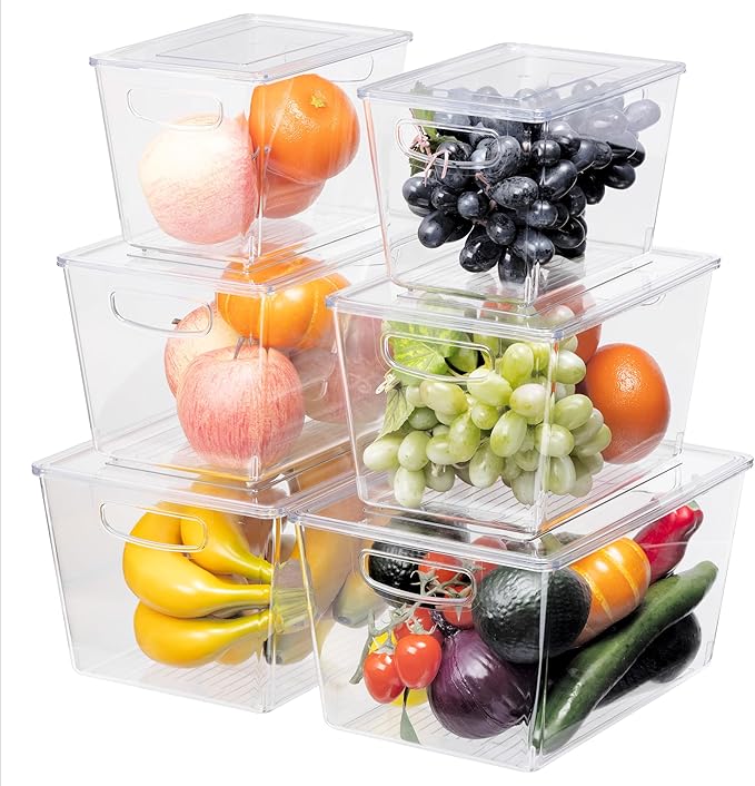 Navaris Fridge Storage Containers with Lids - Stackable Space-Saving Organizers - Large Capacity for Kitchen Pantry Organization - Set of 6 (1.7QT/3QT/4.9QT - 1.65L/2.85L/4.6L)