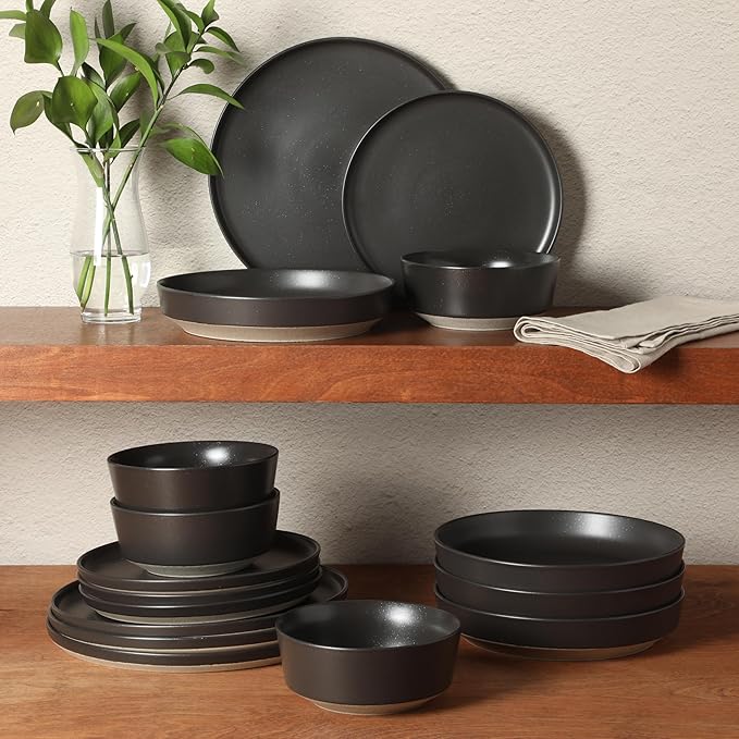 Gibson Elite Overbrook 16-Piece Pottery Clay Stoneware Dinnerware Set ??Black Reactive Glaze, Stackable Plates and Bowls W/Pasta Bowl, Service for 4 ??Microwave & Dishwasher Safe