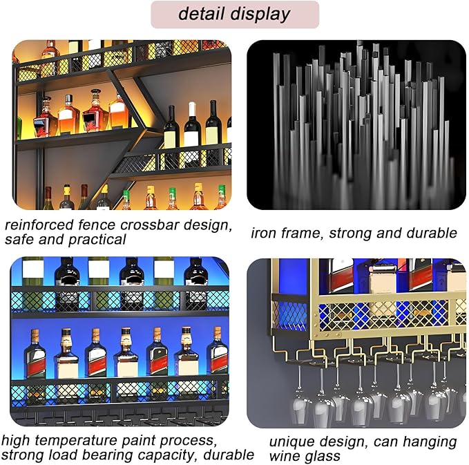 63in Large Wall Mounted Wine Rack, 4 Tier Modern Diamond Shaped Floating Bar Wine Storage Display Shelf, Metal Industrial Liquor Bottles Shelves Wine Glass Holder (Gold, 3 Tier,63in)