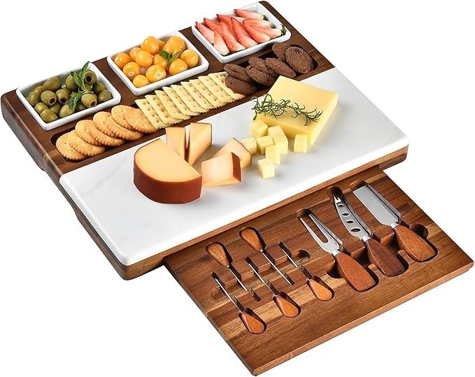 Shanik Marble & Acacia Wood Cheese Board Set ??Includes 3 Ceramic Bowls, Stainless Steel Cutlery ??Charcuterie Platter Gift for Entertaining