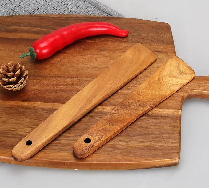 2 Pcs Teak Wooden Spatula Set Flat Spurtles Kitchen Tools Turner Small Wood Scraper Spatulas for Cooking Spoon Non Toxic Bamboo Kitchen Utensils Sourdough Stirrer Spurtle Egg Flipper Cast Iron Spatula