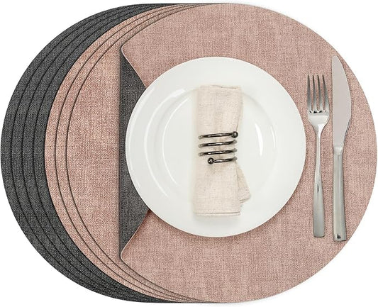Myir JUN Round Placemats Dual Sided, Faux Leather Place Mats Set of 4 Indoor Placemats for Dining Table Outdoor Placemats Non-Slip Washable Table Mats (Set of 8, Gray Pink)