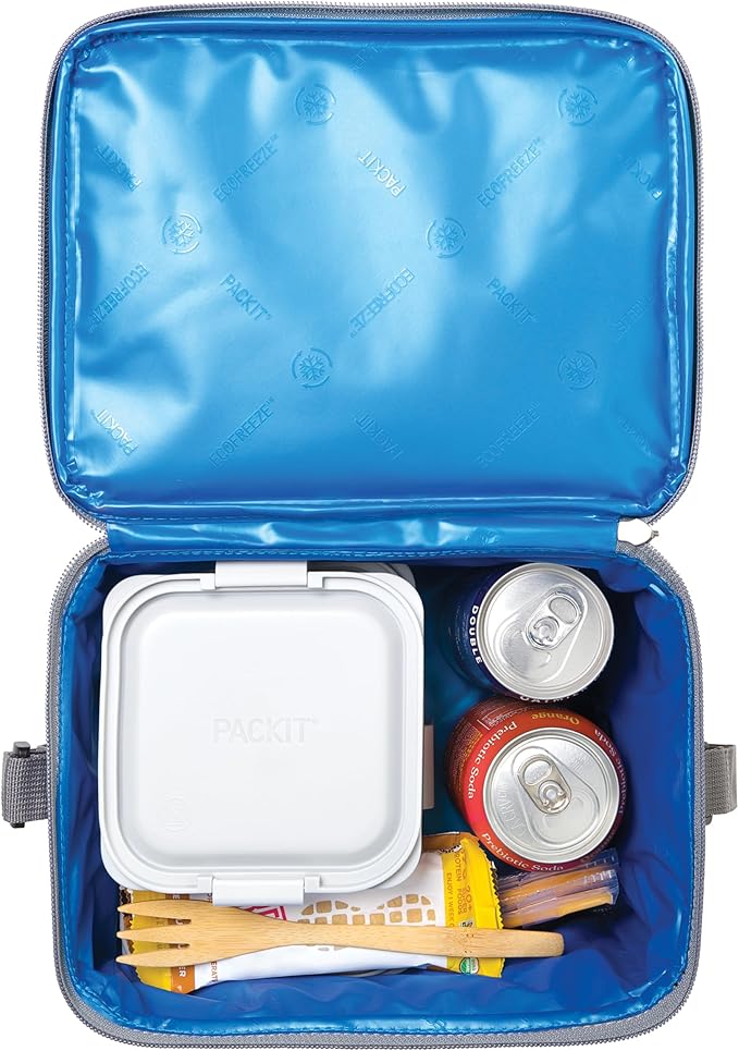 PackIt짰 Freezable Essential Cooler, Gray Fog, Built with EcoFreeze짰 Technology, Fully Freezable, Collapsible, Reusable, With Adjustable Crossbody Strap, Top Clip Handle, Designed for Fresh Office