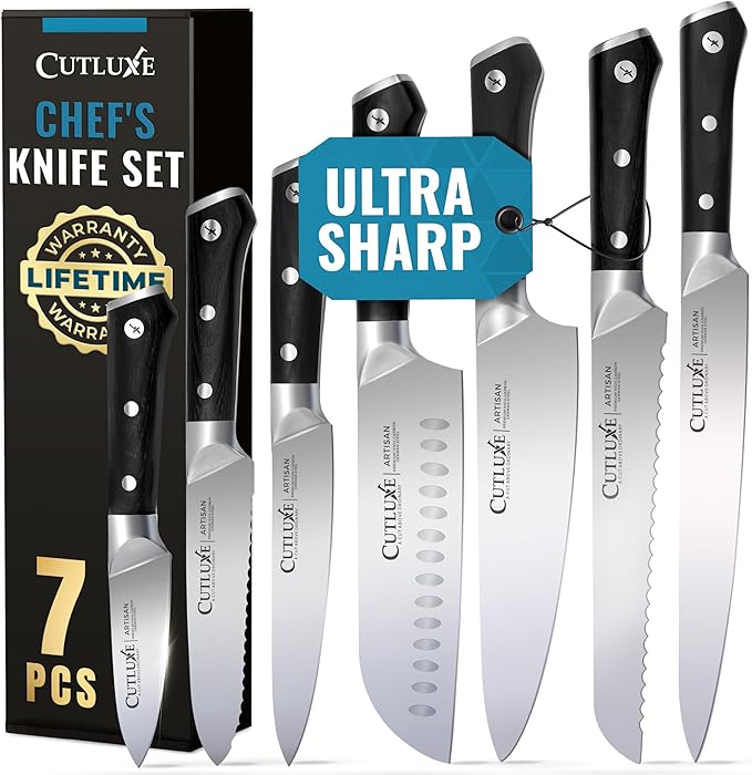 Cutluxe Chef Knife Set, 7 PCS Professional Chef's Knife Set ??Razor Sharp German Steel, Full Tang, Ergonomic Handles ??Artisan Series