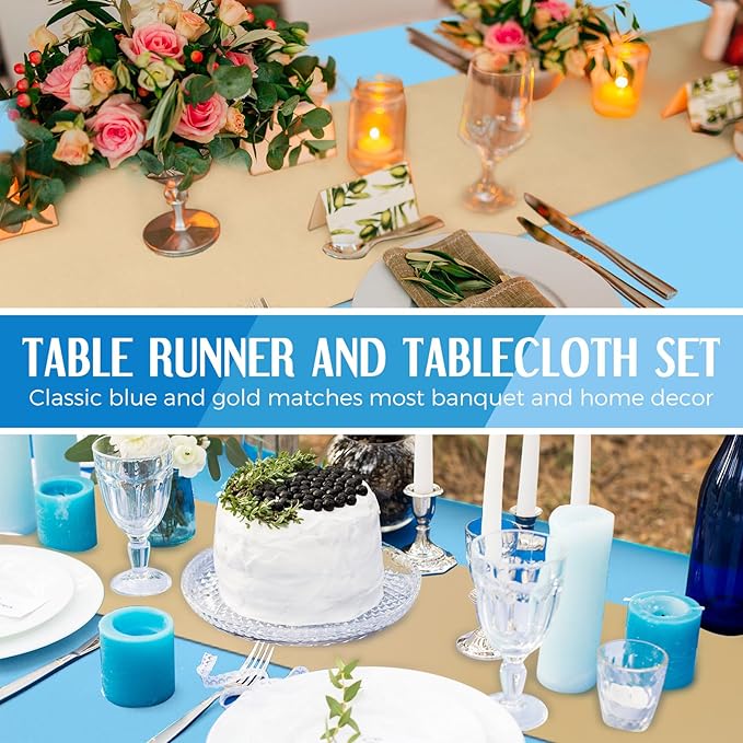 Tudomro 16 Pcs Teal and Gold Disposable Plastic Tablecloths and Satin Table Runner Set 54x108 Inch Tablecloth 12x108 Inch Table Runners for New Year Wedding Birthday Baby Shower Graduation