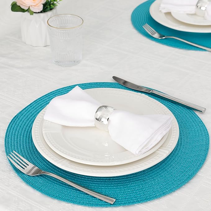 HODJOY Round placcemats Set of 6, Table mats for Indoor and Outdoor Dining Table, Washable Woven Non-Slip placemats, 15inch (Aqua)