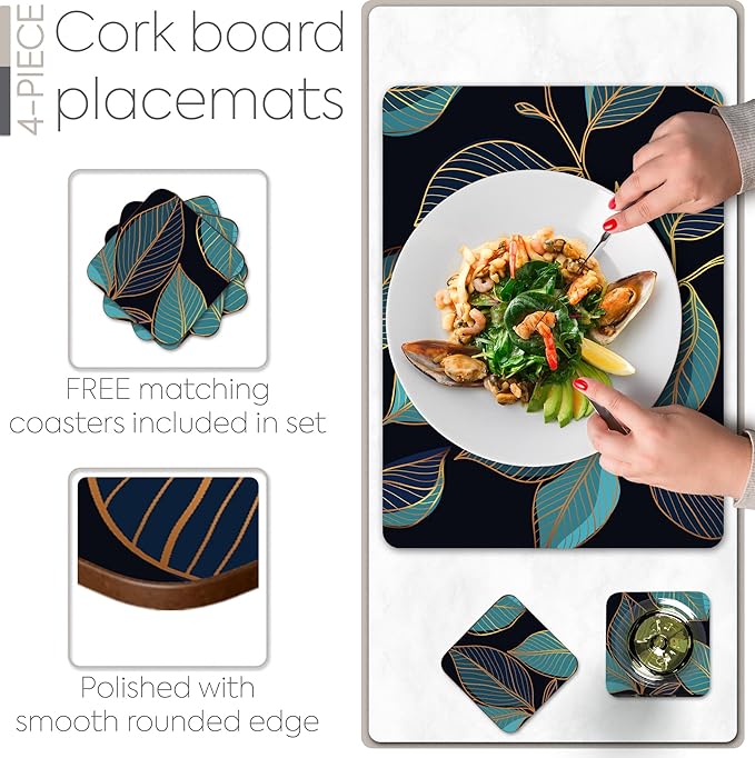 Moderry Set of 4 Heat Resistant Cork Placemats for Dining Table with Free Set of 4 Matching Drink Coasters Sage Green Marble Design 16 x 12 Inches Cork Backed Hard Placemats (Blue Gold Botanical)