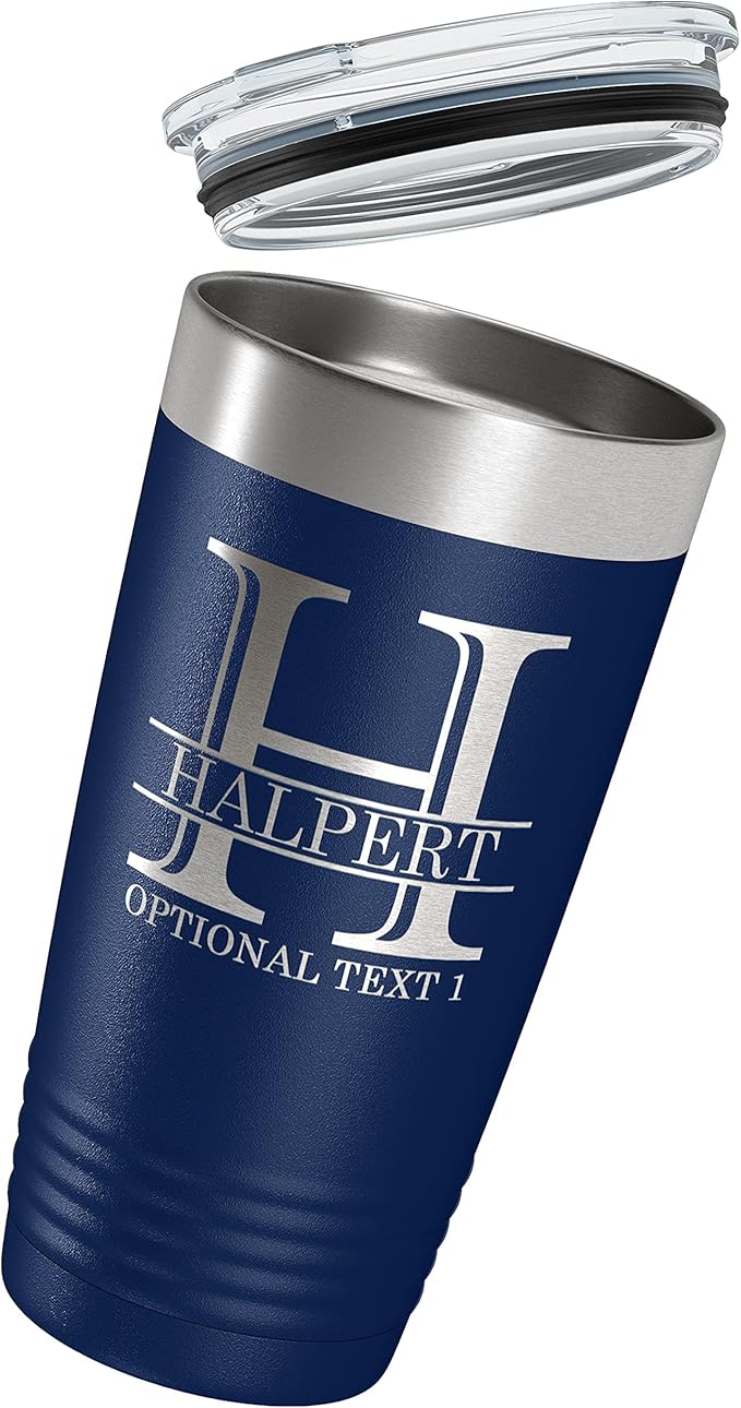 Personalized 20oz (17 Colors) Powder Coated Insulated Stainless Steel Tumbler with Lid, Custom Etched, Customized Engraved Gift Idea for Women Men Her Him, Halpert Monogram Initial Name (Navy Blue)