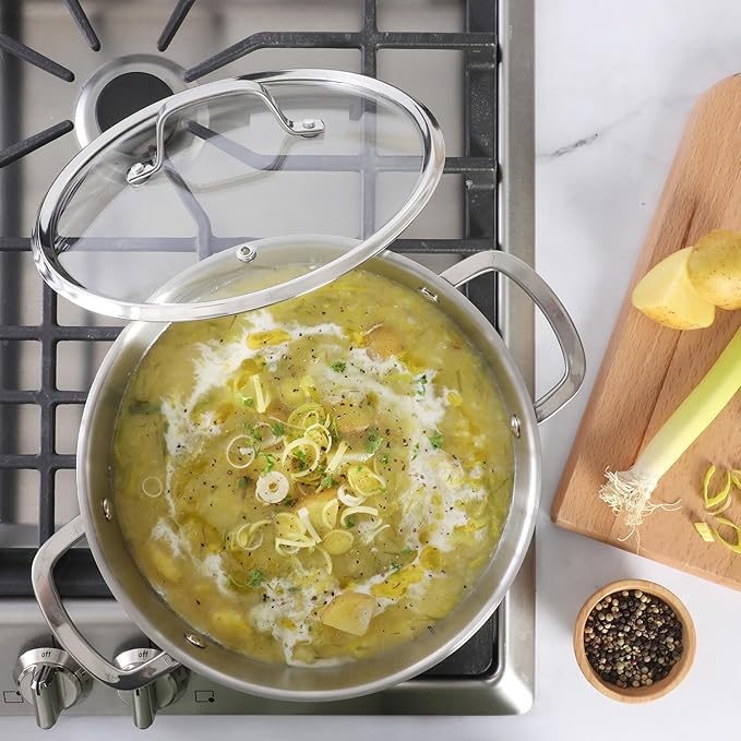 Sur La Table Kitchen Essentials Chef's Deck 3-Piece 5.3-Quart Stainless Steel Dutch Oven with Steamer Insert & Glass Lid ??Induction Ready, Tri-Ply Base, Polished Finish & Hollow Stay-Cool Handles