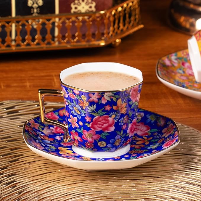 KAMMAK Tea Cups and Saucers Set of 2, Porcelain Coffee Cup with Saucer for Espresso, Cappuccino, 4.5oz Vintage Yellow and Blue Ceramic Novelty Mug for Home, Tea Party, Office