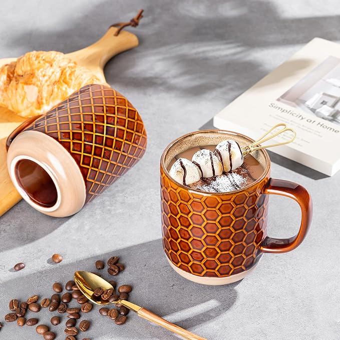 GBhome Large Coffee Mugs Set of 4, 12oz Handmade Stoneware Coffee Mugs Set with Large Handle for Cappuccino/Latte/Tea/Hot Cocoa, Dishwasher & Microwave Safe, Caramel