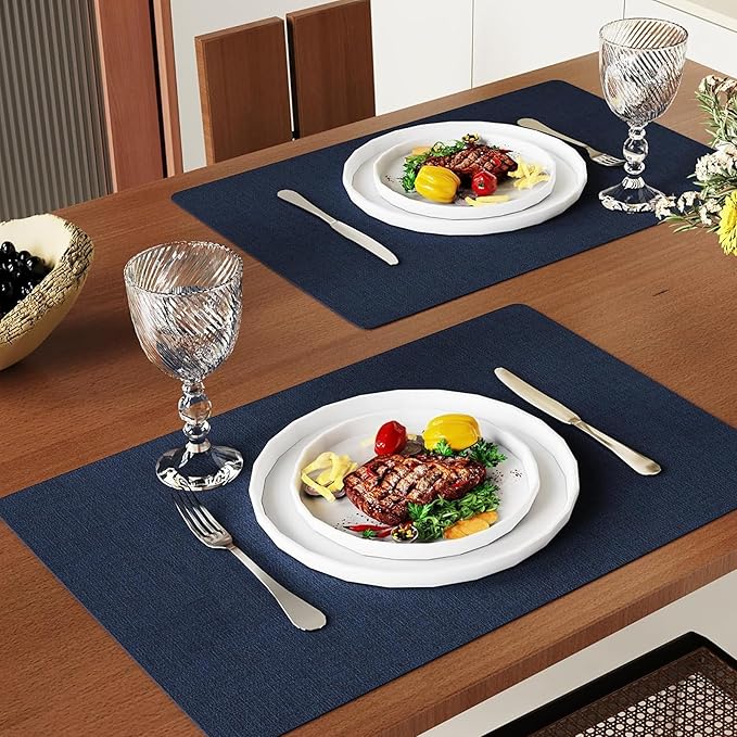 DOLOPL Placemats Set of 12, Reversible Wipeable & Heat Resistant Place Mats, Modern Faux Leather Table Mats for Kitchen, Neutral Waterproof Tablemats for Dining Table Decor, Wedding, Party(Navy Blue)