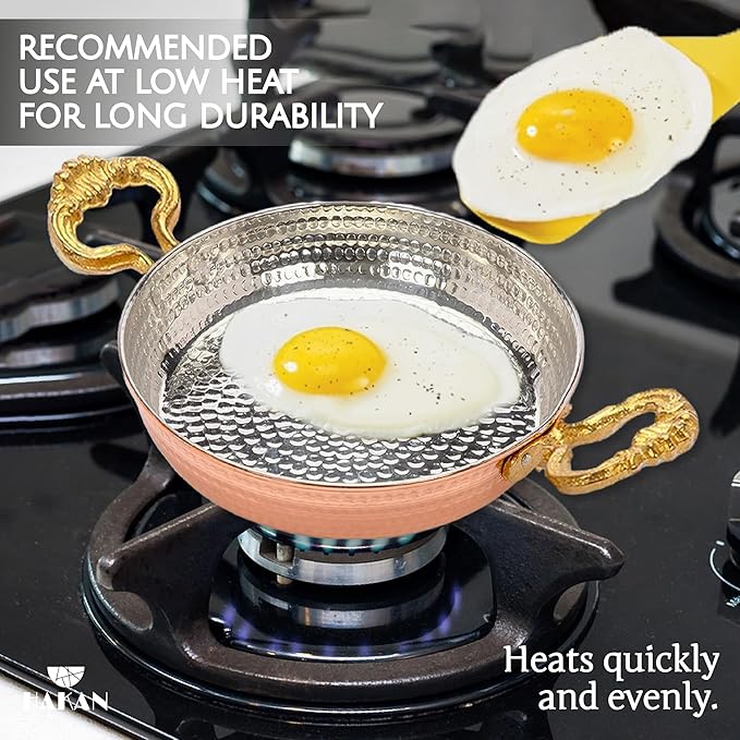 Hakan Copper Egg Pan for Cooking | Handmade Small Frying Pan | Hammered Skillet with Double Handles for Omelette | Authentic Kitchen Cookware & Copper Gifts Idea, 5.5??(14 cm)