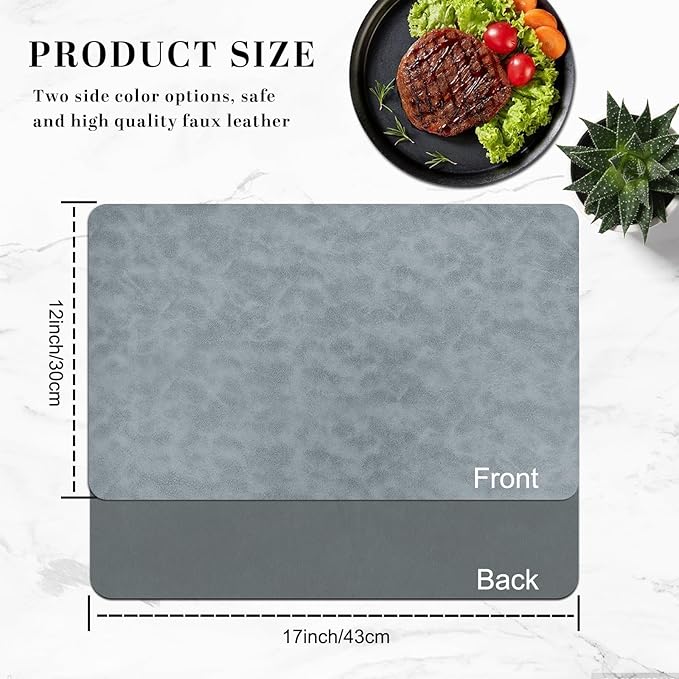 Faux Leather Placemats, Set of 4, 12''횞17' Textures on Both Sides, Heat-Resistant, Waterproof and Oil-Proof, Reversible Place Mats for Kitchen, Dining Table,Outdoor-Grey&Dark Grey